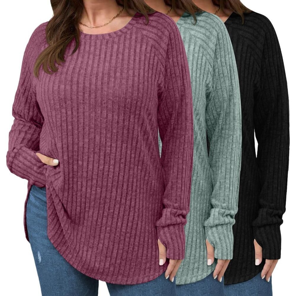 3 Pack Women's Plus Size Long Sleeve Sweaters Lightweight Warm Casual